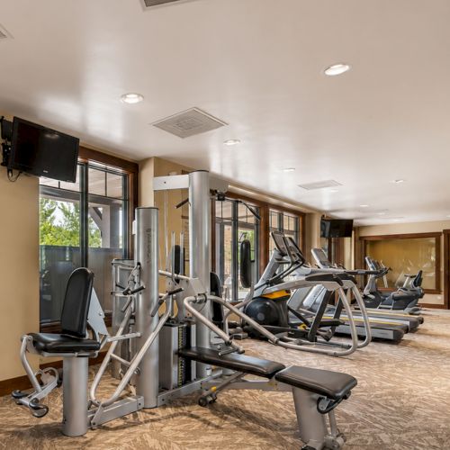 A bright gym with treadmills, ellipticals, and weight machines lined along the room under ceiling lights, looking out to windows.