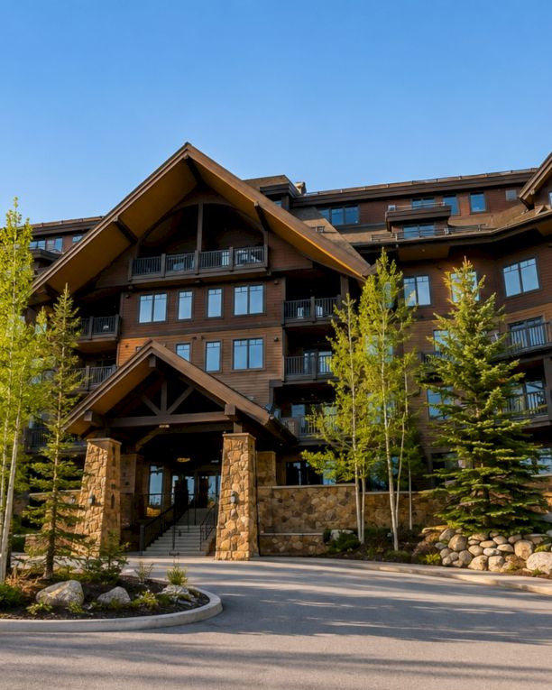 A modern apartment building with multiple balconies, a stone entry, and landscaped trees under a clear blue sky.