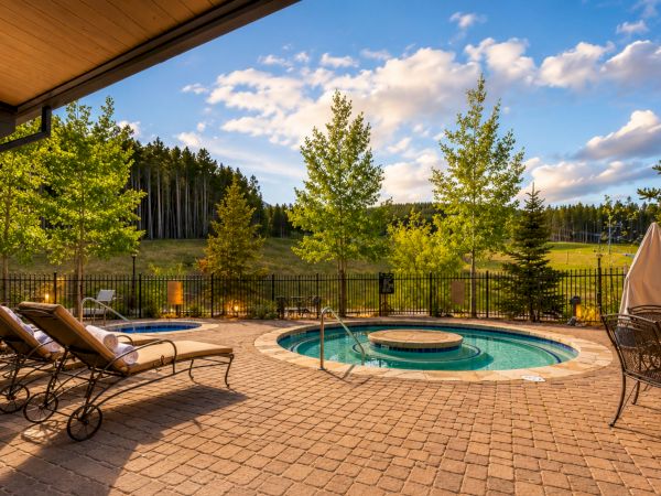 Backyard patio with a hot tub, lounge chairs and umbrella under a wooden roof, overlooking green trees and a bright blue sky.